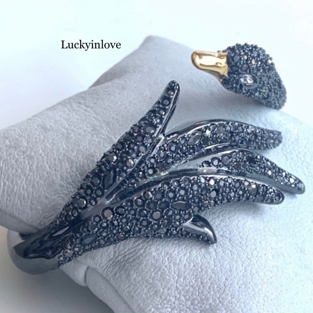 $395 Alexis Bittar Crystal Black Swan Golden Beak Hinged Bypass Bangle Bracelet